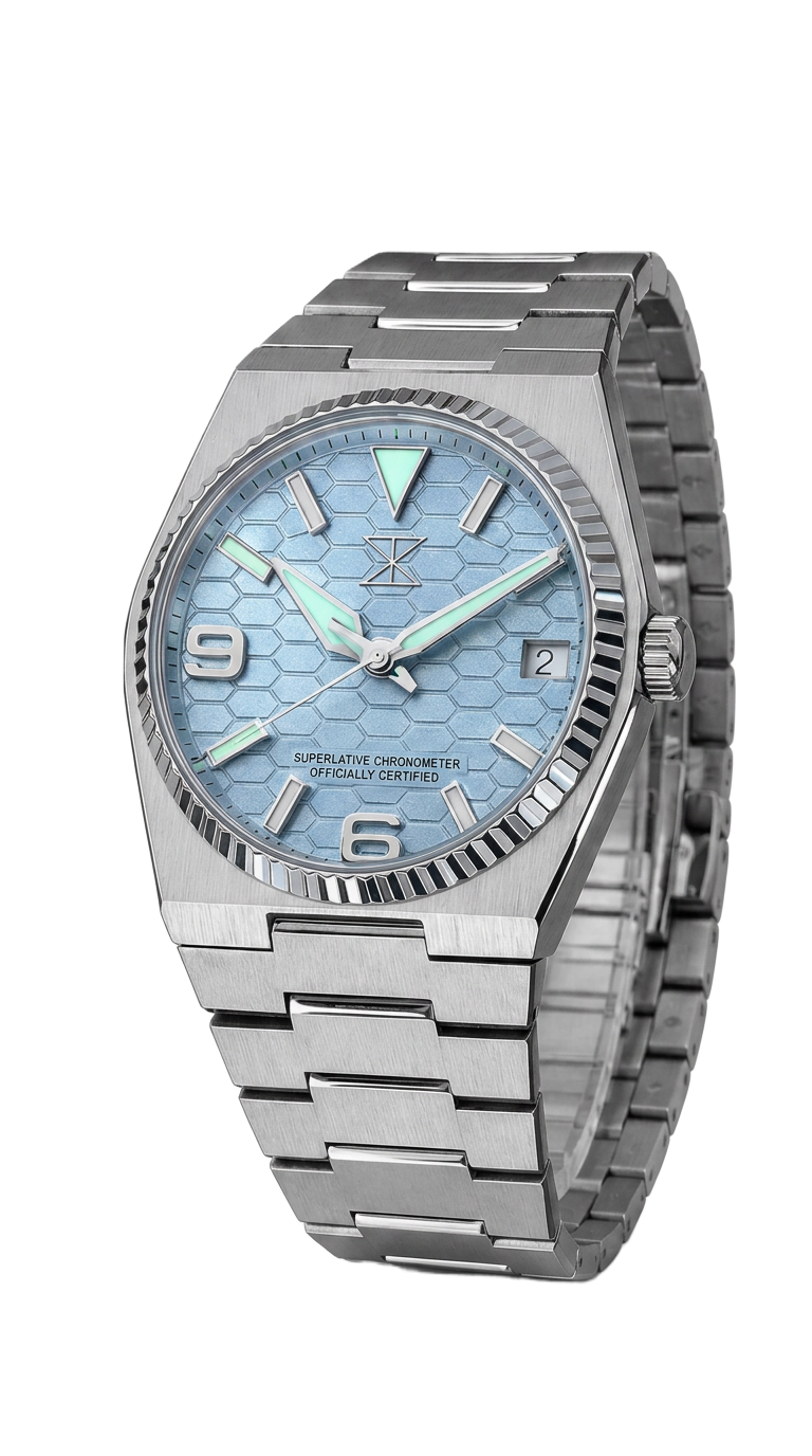 Trix watch with ice-blue honeycomb dial and fluted bezel