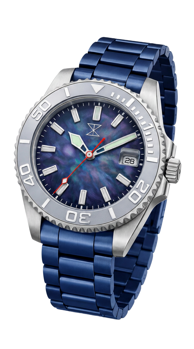 Trix diver watch with mother-of-pearl dial and blue bracelet