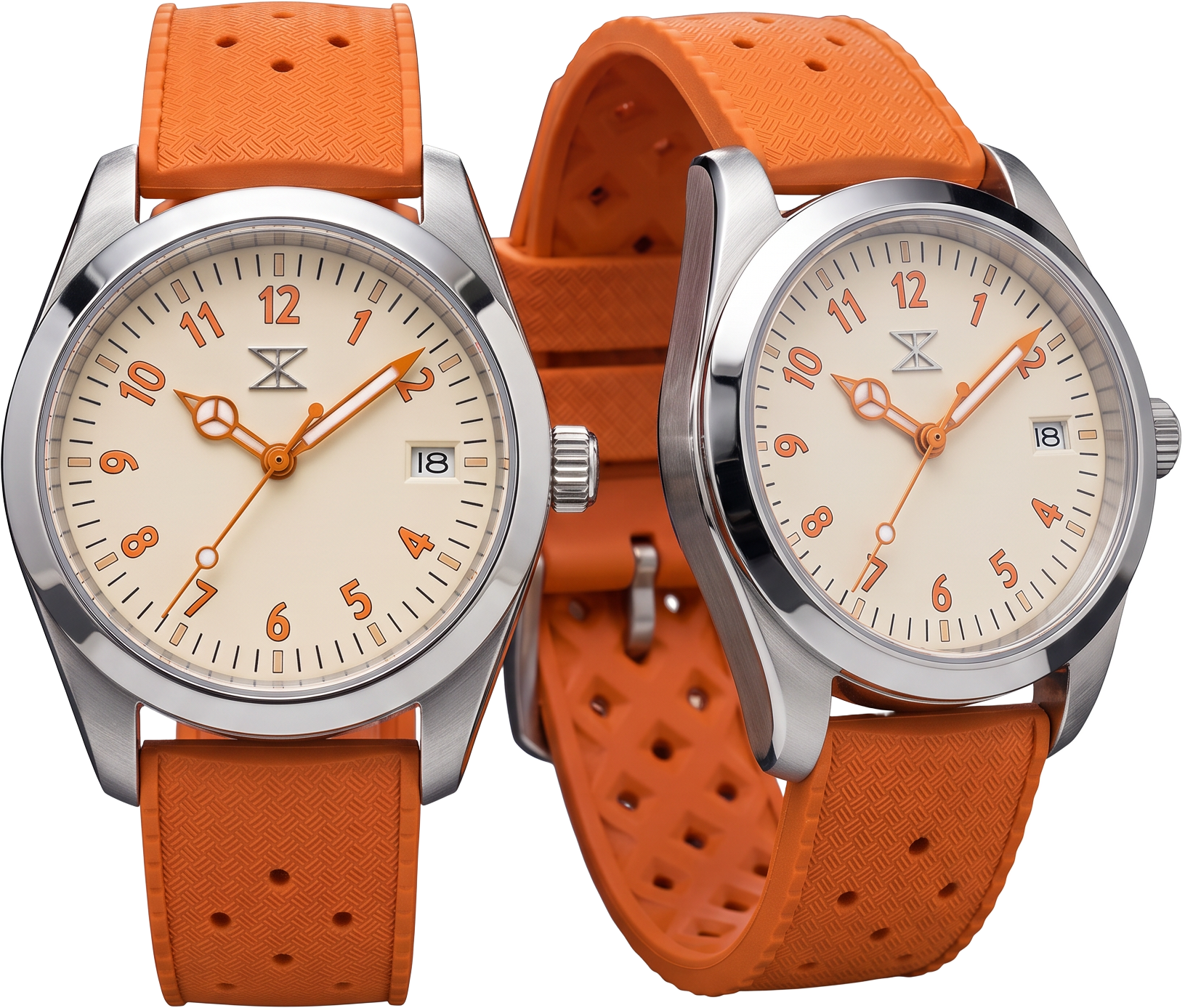 Pair of Trix field watches with cream dials and orange rubber straps