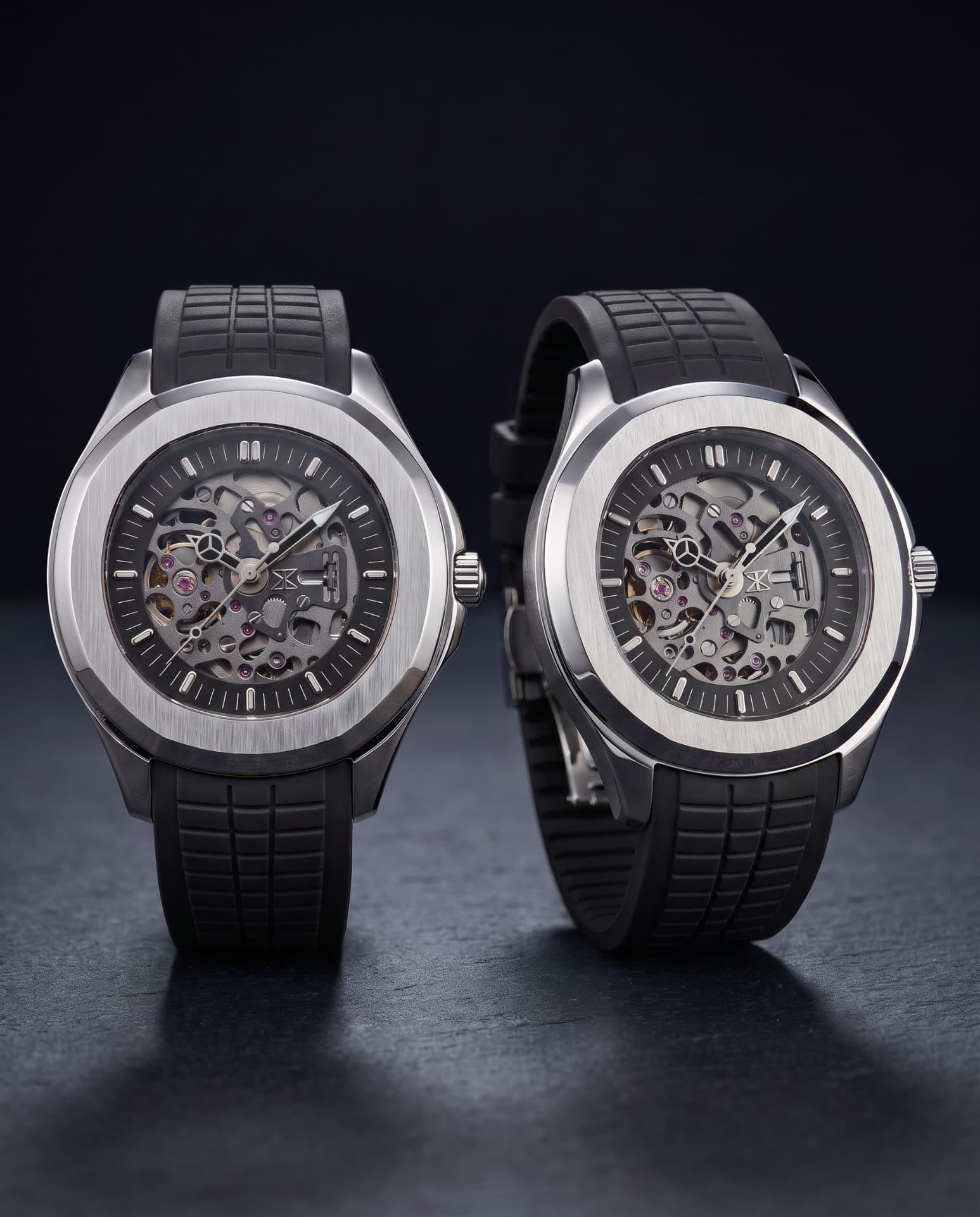 Two Trix skeleton automatic watches with black silicone straps
