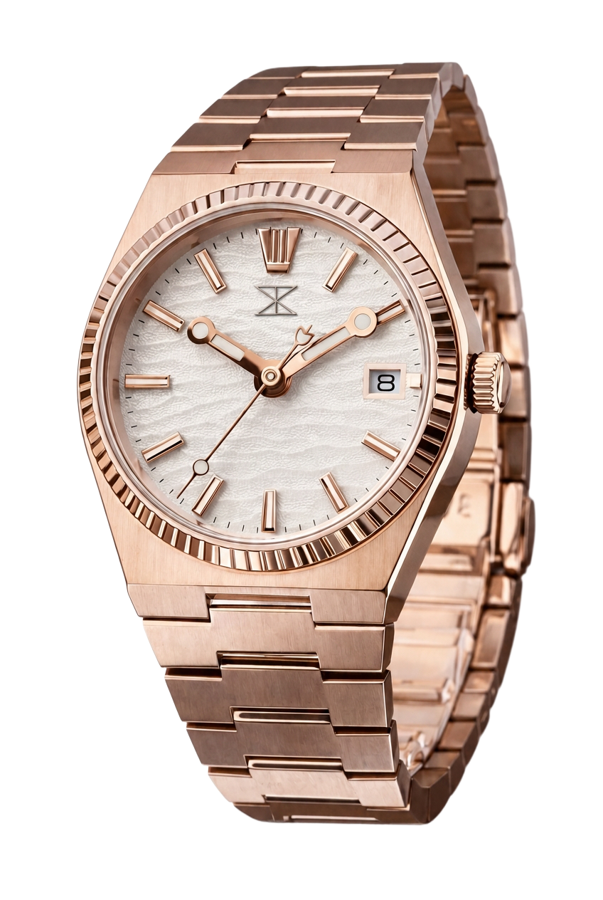 Trix watch in rose gold with textured white dial and fluted bezel