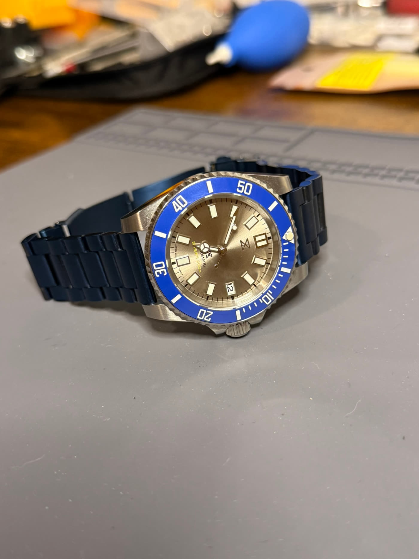 Diver with blue bezel, dial face on