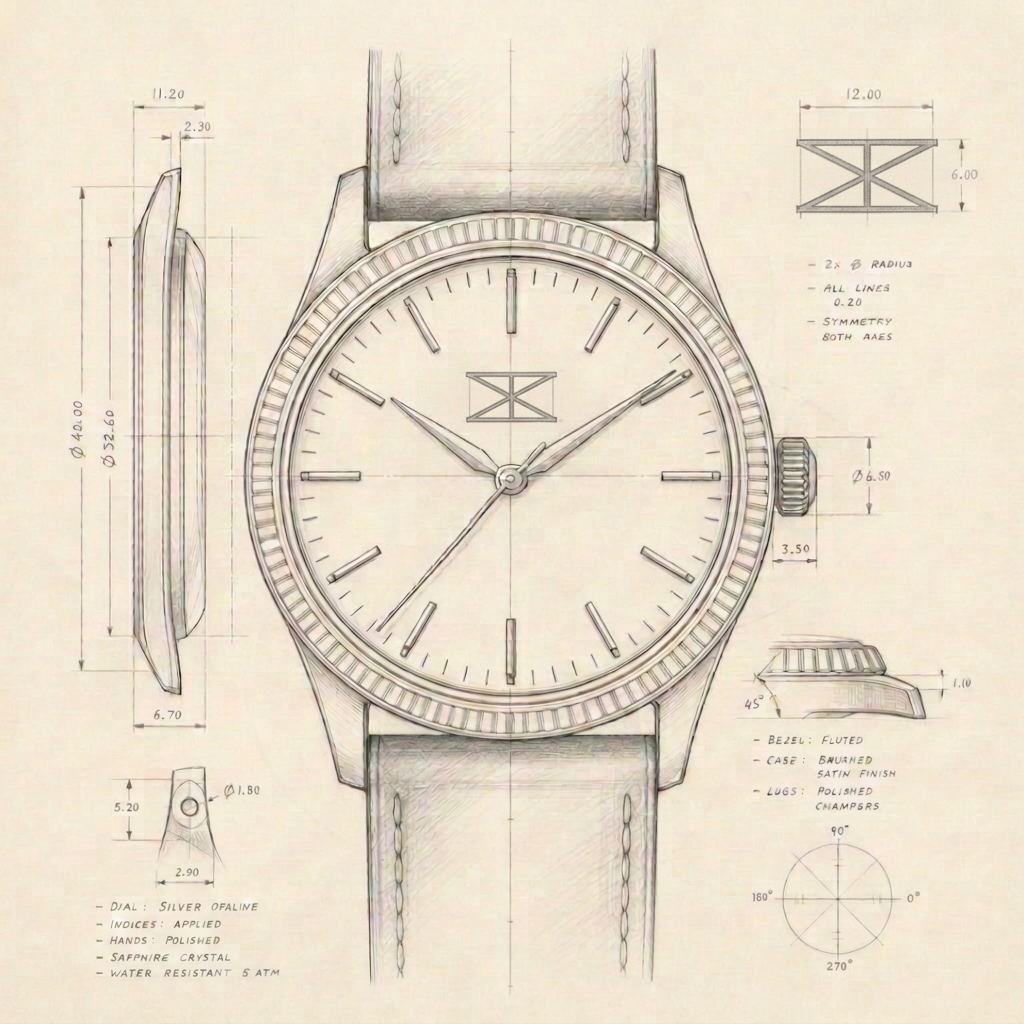 Hand-drawn pencil sketch of a Trix watch design alongside components and a brass ruler